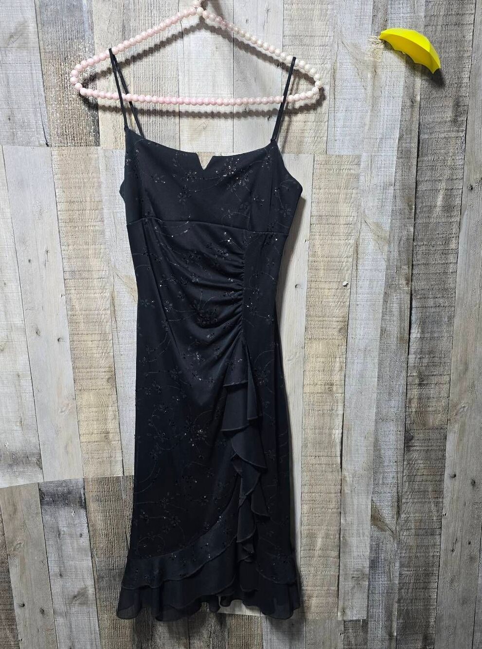 Taboo Vintage Y2K Black Sparkly Sequin Floral Ruffle Mini Tank Dress Small Party